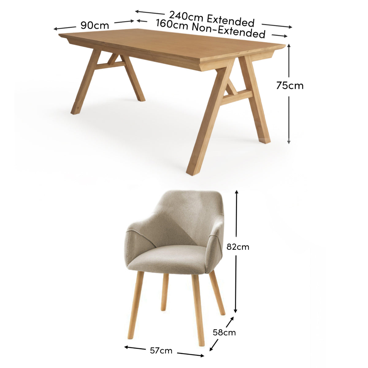 Sabina 160-240cm Pale Oak Extending Dining Table Set - 6 Seater - Freya Sand Dining Armchairs - Pale Oak Legs - Laura James 