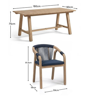 Shiro 6 Seater Wooden Garden Dining Set with Shiro Rope Dining Chairs - Navy Rope - Laura James