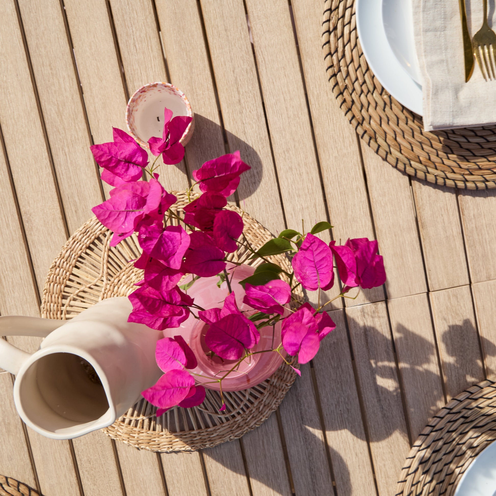 Saffron 6 Seater Extending Wooden Garden Dining Set with Shiro Pink Rope Chairs - Laura James