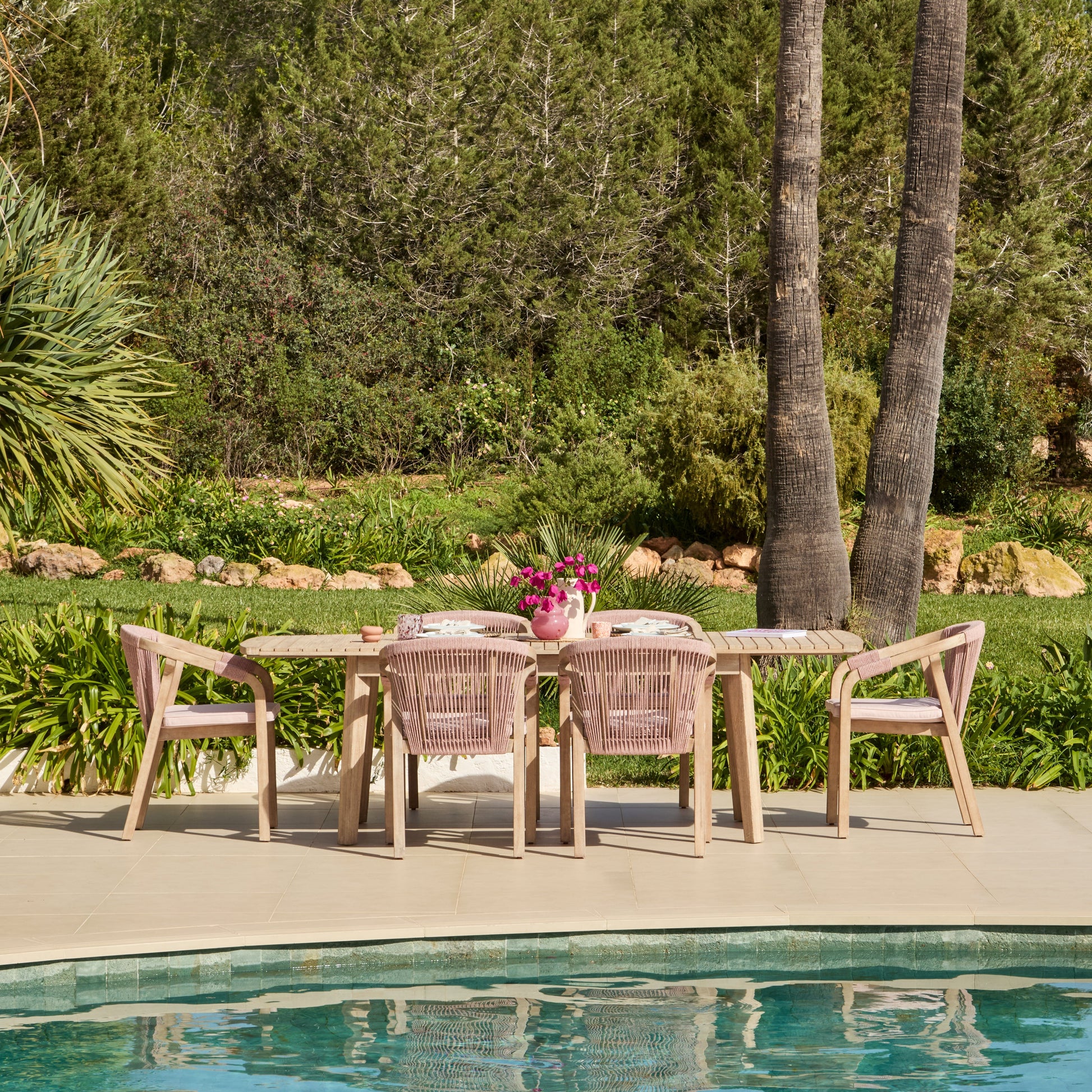 Saffron 6 Seater Extending Wooden Garden Dining Set with Shiro Pink Rope Chairs - Laura James