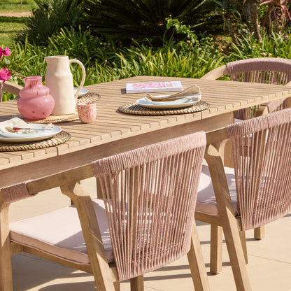 Saffron 6 Seater Extending Wooden Garden Dining Set with Shiro Pink Rope Chairs - Laura James