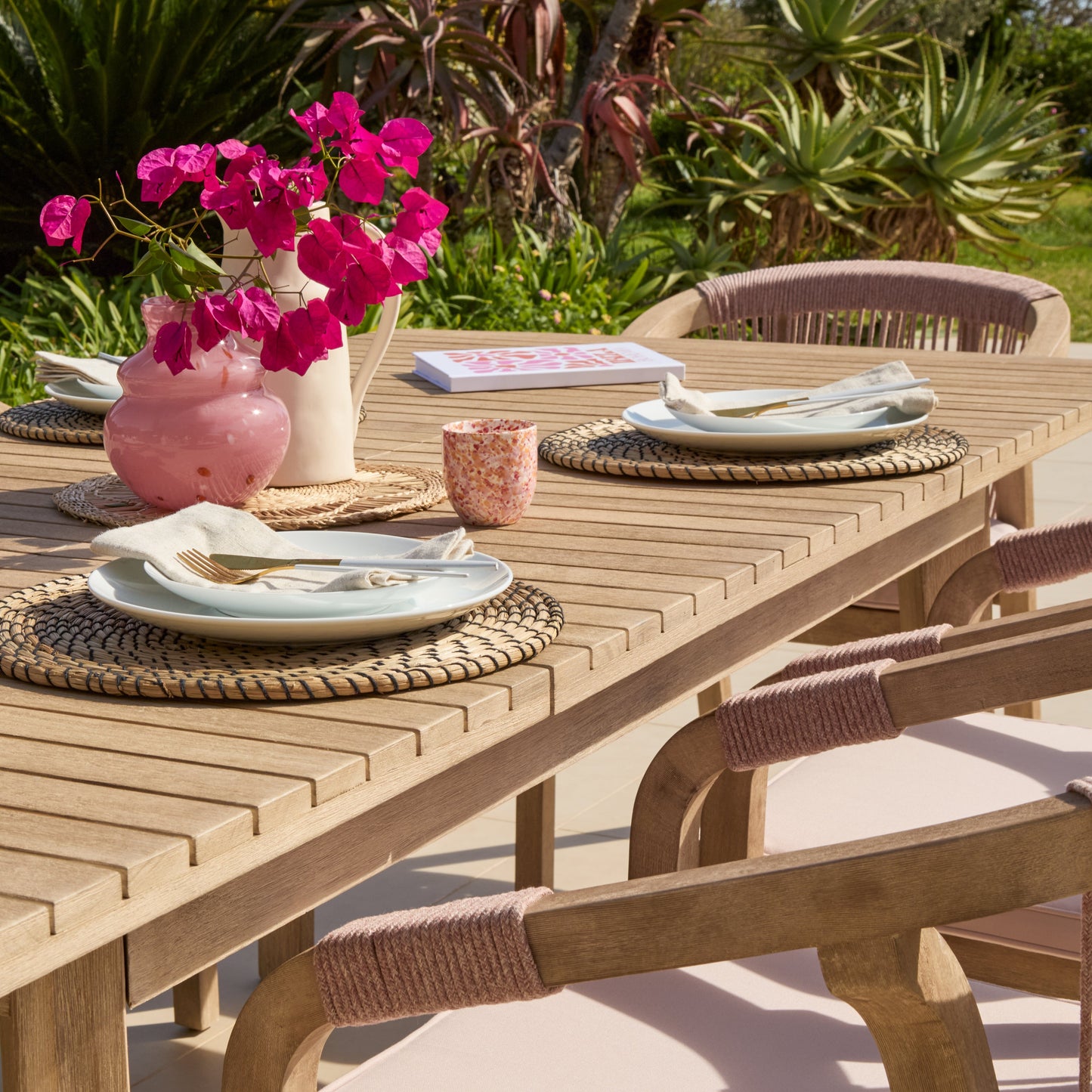 Saffron 6 Seater Extending Wooden Garden Dining Set with Shiro Pink Rope Chairs - Laura James