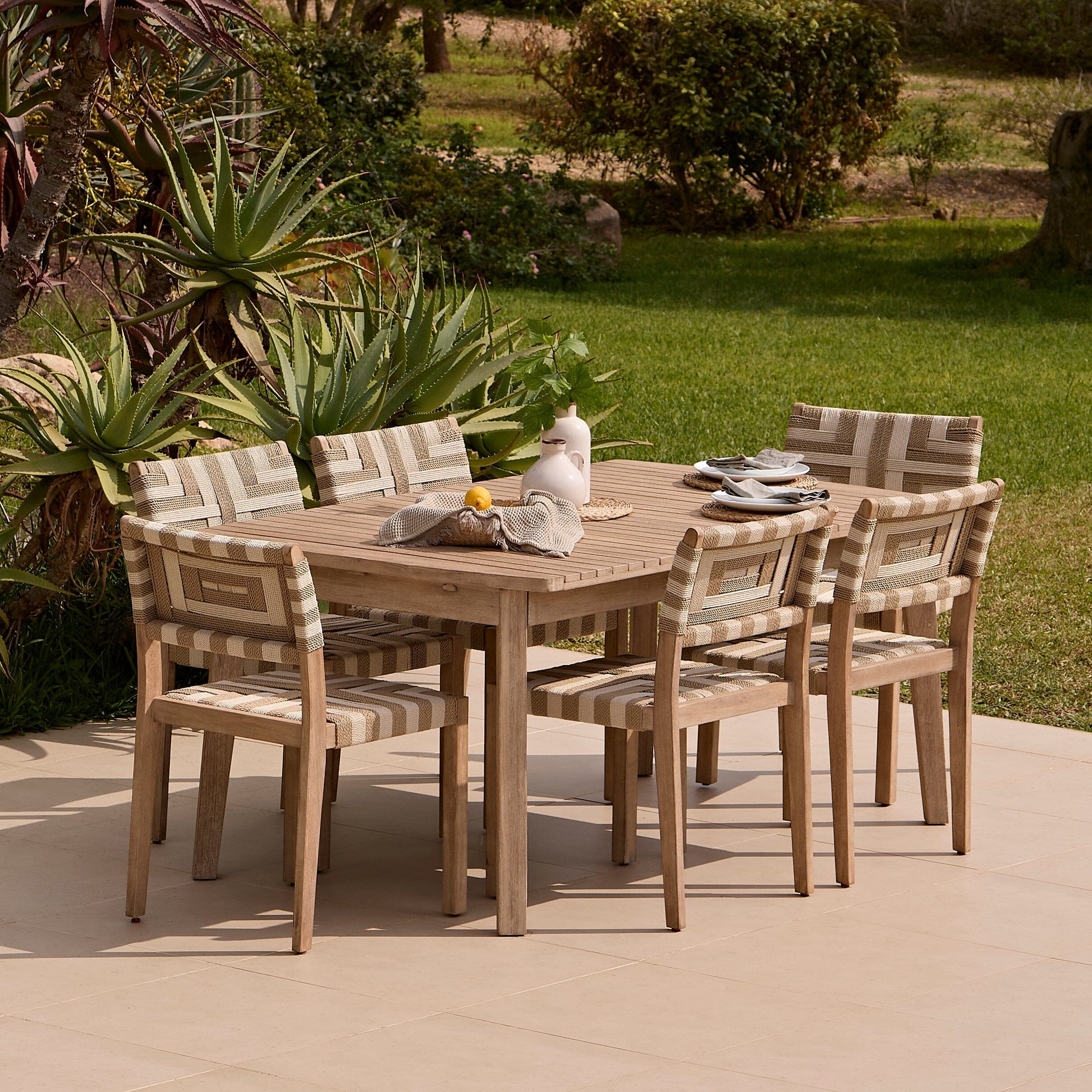 Saffron 6 Seater Extending Wooden Garden Dining Set with Saffron Natural/Beige Chairs - Laura James