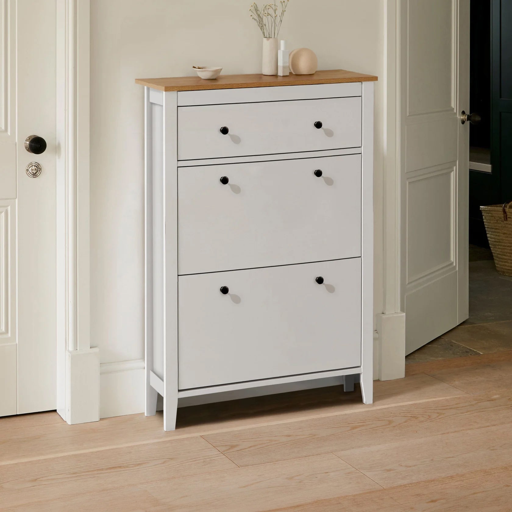Sandhurst Shoe Cabinet - 3 Door - White & Oak Effect - Laura James 