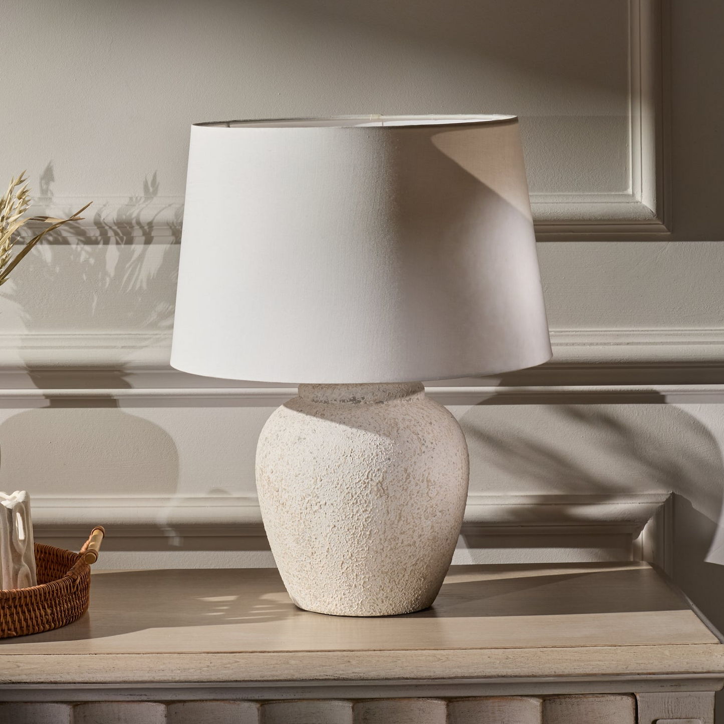 Selham 30cm Rustic White Ceramic Lamp Base & Coningsby Snow White Cotton Lampshade - 35cm