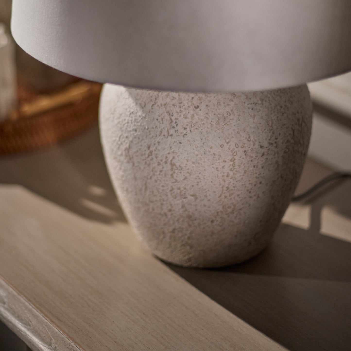 Selham 30cm Ceramic Lamp Base - Rustic White with Coningsby 35cm Cotton Lamp Shade - Snow White - Laura James