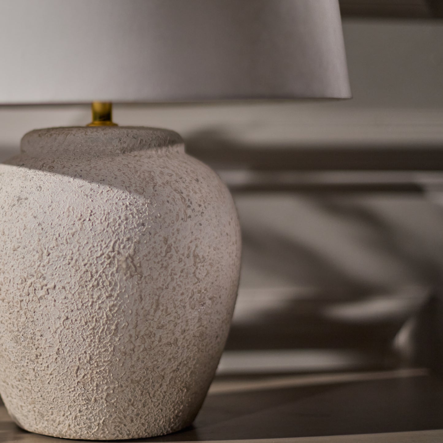 Selham 30cm Ceramic Lamp Base - Rustic White with Coningsby 35cm Cotton Lamp Shade - Snow White - Laura James