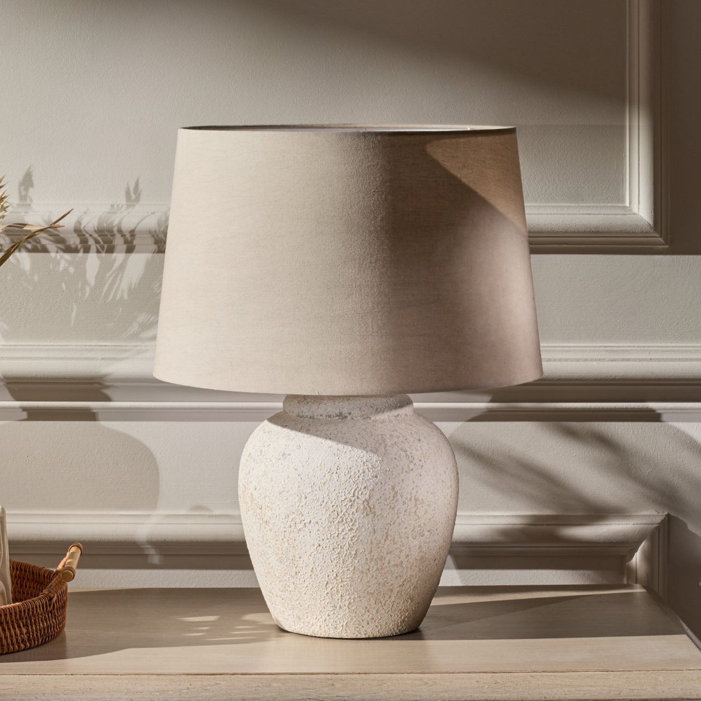 Selham 30cm Rustic White Ceramic Lamp Base & Coningsby Taupe Cotton Lampshade - 35cm - Laura James 
