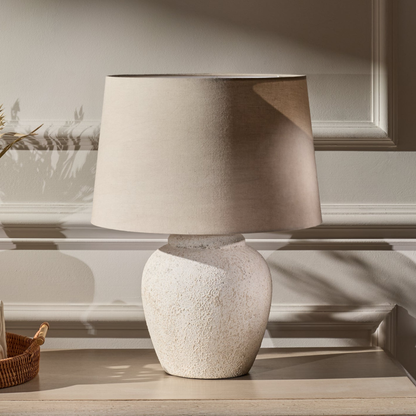 Selham 30cm Rustic White Ceramic Lamp Base & Coningsby Taupe Cotton Lampshade - 35cm - Laura James 