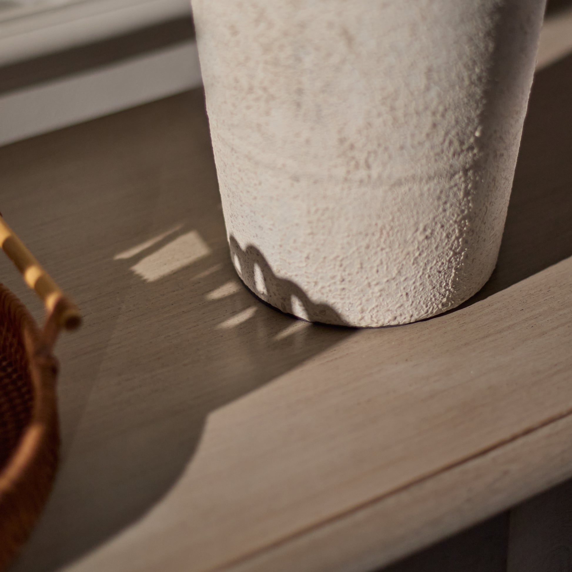 Selham 47cm Ceramic Lamp Base - Rustic White with Coningsby 40cm Cotton Lamp Shade - Snow White - Laura James