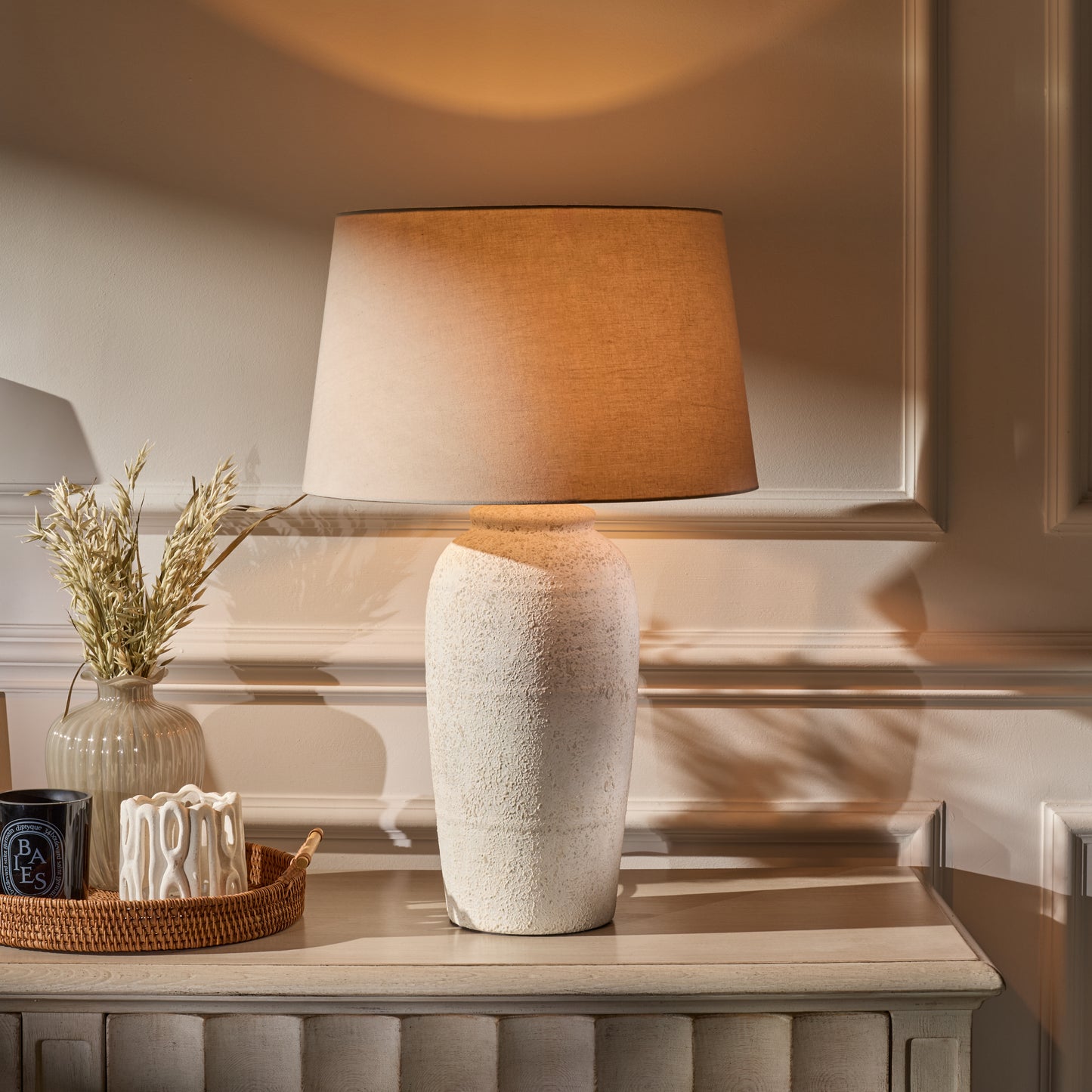 Selham 47cm Ceramic Lamp Base - Rustic White with Coningsby 40cm Cotton Lamp Shade - Taupe