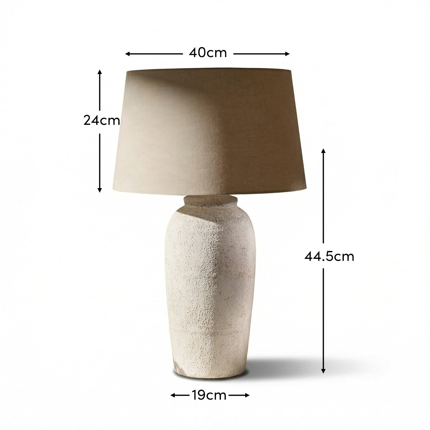 Selham 47cm Ceramic Lamp Base - Rustic White with Coningsby 40cm Cotton Lamp Shade - Taupe