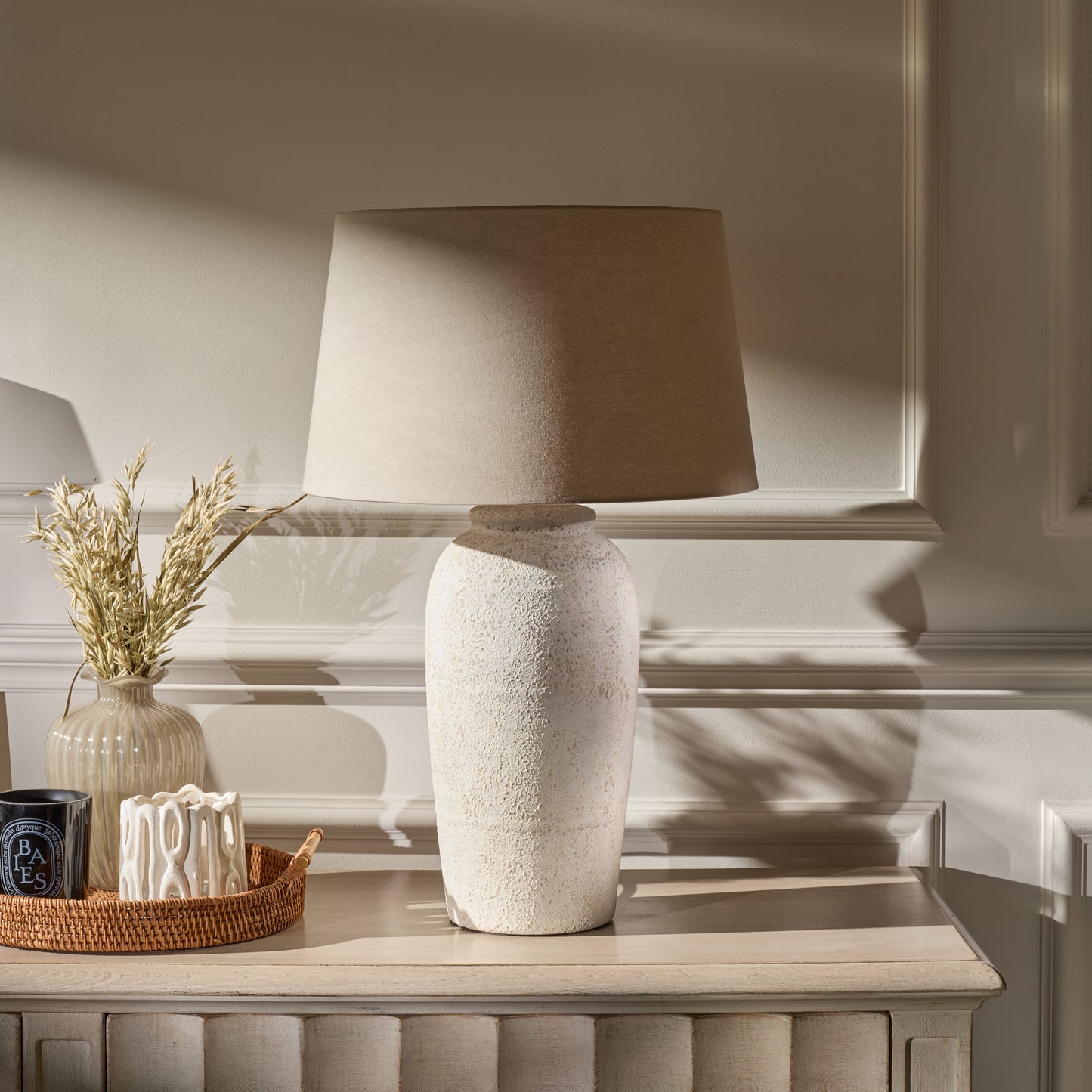 Selham 47cm Ceramic Lamp Base - Rustic White with Coningsby 40cm Cotton Lamp Shade - Taupe - Laura James