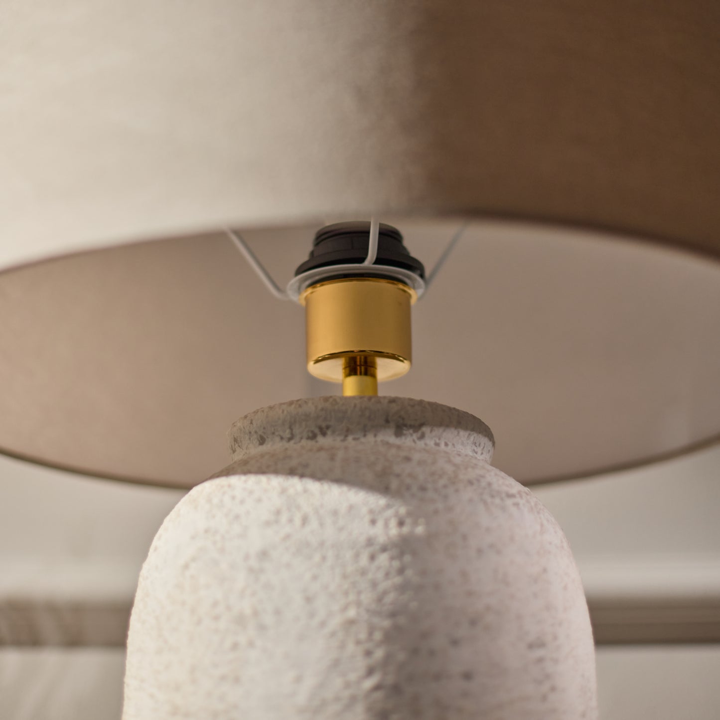 Selham 47cm Ceramic Lamp Base - Rustic White with Coningsby 40cm Cotton Lamp Shade - Taupe