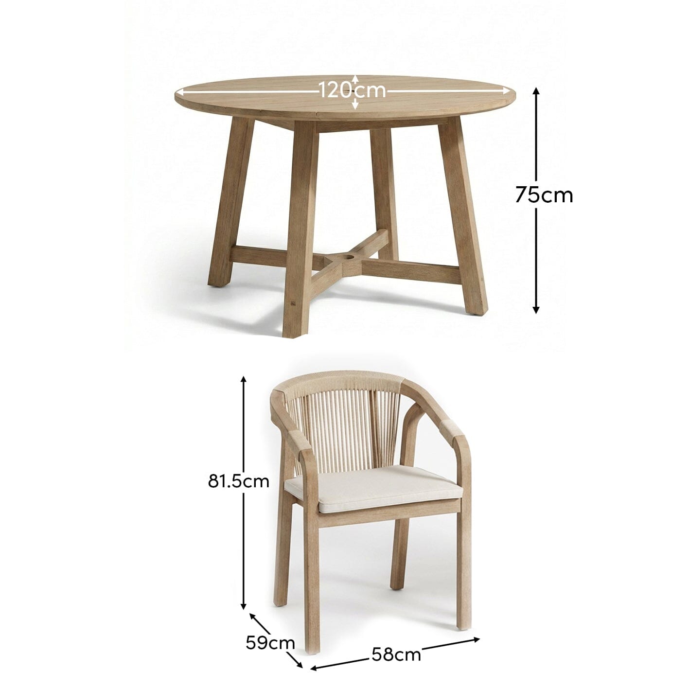 Shiro 4 Seater Round Wooden Garden Dining Set with Shiro Beige Rope Dining Chairs - 120cm - Laura James