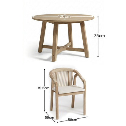 Shiro 4 Seater Round Wooden Garden Dining Set with Shiro Beige Rope Dining Chairs - 120cm - Laura James