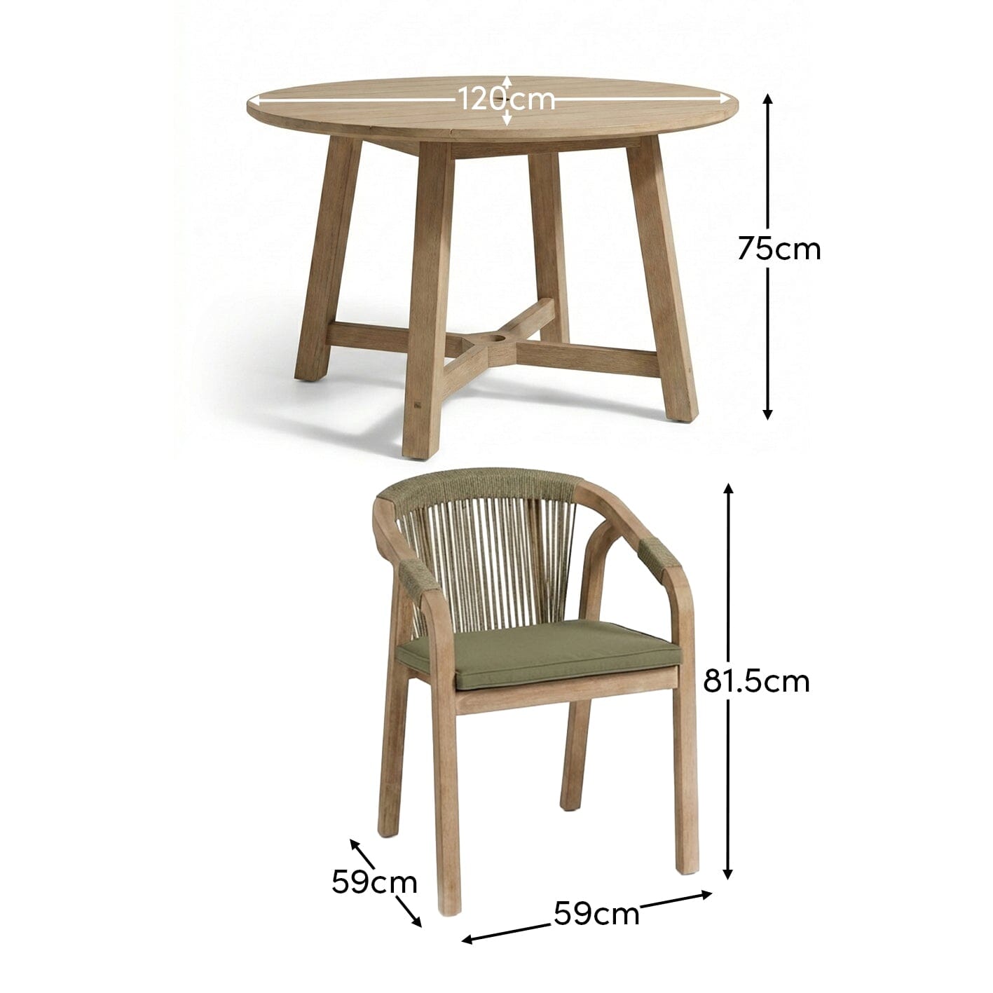Shiro 4 Seater Round Wooden Garden Dining Set with Shiro Green Rope Dining Chairs - 120cm - Laura James