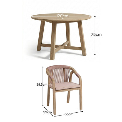 Shiro 4 Seater Round Wooden Garden Dining Set with Shiro Pink Rope Dining Chairs - 120cm - Laura James