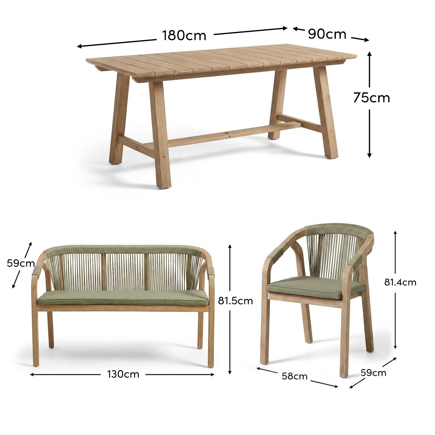 Shiro 6 Seater Wooden Garden Dining Set with 2 Shiro Benches & 2 Shiro Chairs - Green Rope - Laura James