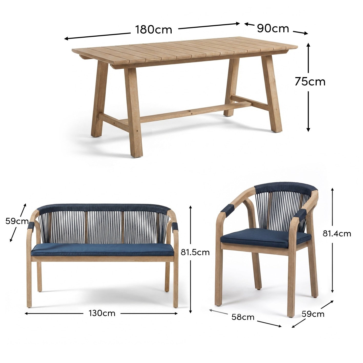 Shiro 6 Seater Wooden Garden Dining Set with 2 Shiro Benches & 2 Shiro Chairs - Navy Rope - Laura James