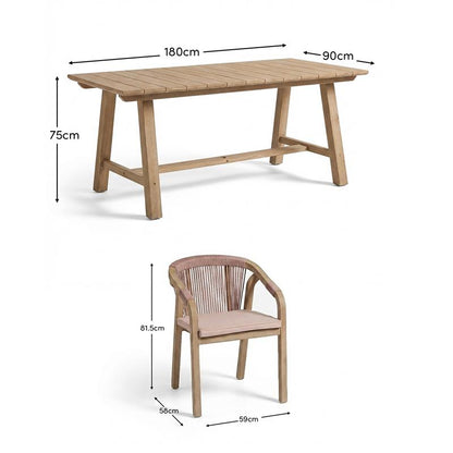 Shiro 6 Seater Wooden Garden Dining Set with Shiro Pink Rope Dining Chairs - 180cm - Laura James