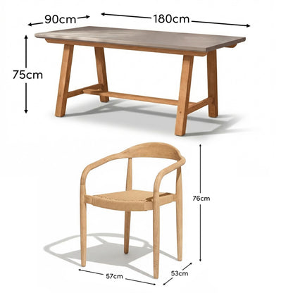 Shiro 180cm Pale Grey Concrete Dining Table Set - 6 Seater - Sasha Rope Dining Chairs - Brushed Light Acacia