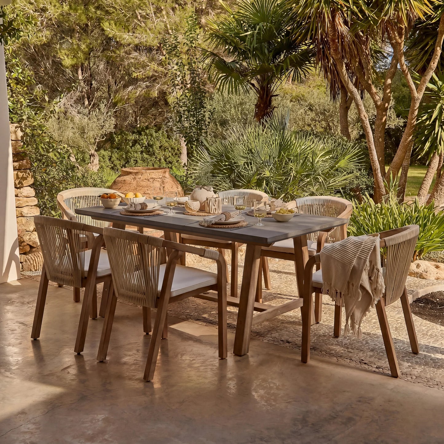 Shiro Dove Grey Concrete Dining Table Set - 6 Seater - Shiro Beige Rope Dining Chairs