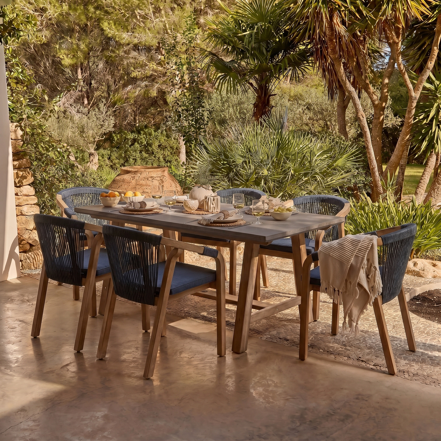 Shiro Dove Grey Concrete Dining Table Set - 6 Seater - Shiro Navy Rope Dining Chairs