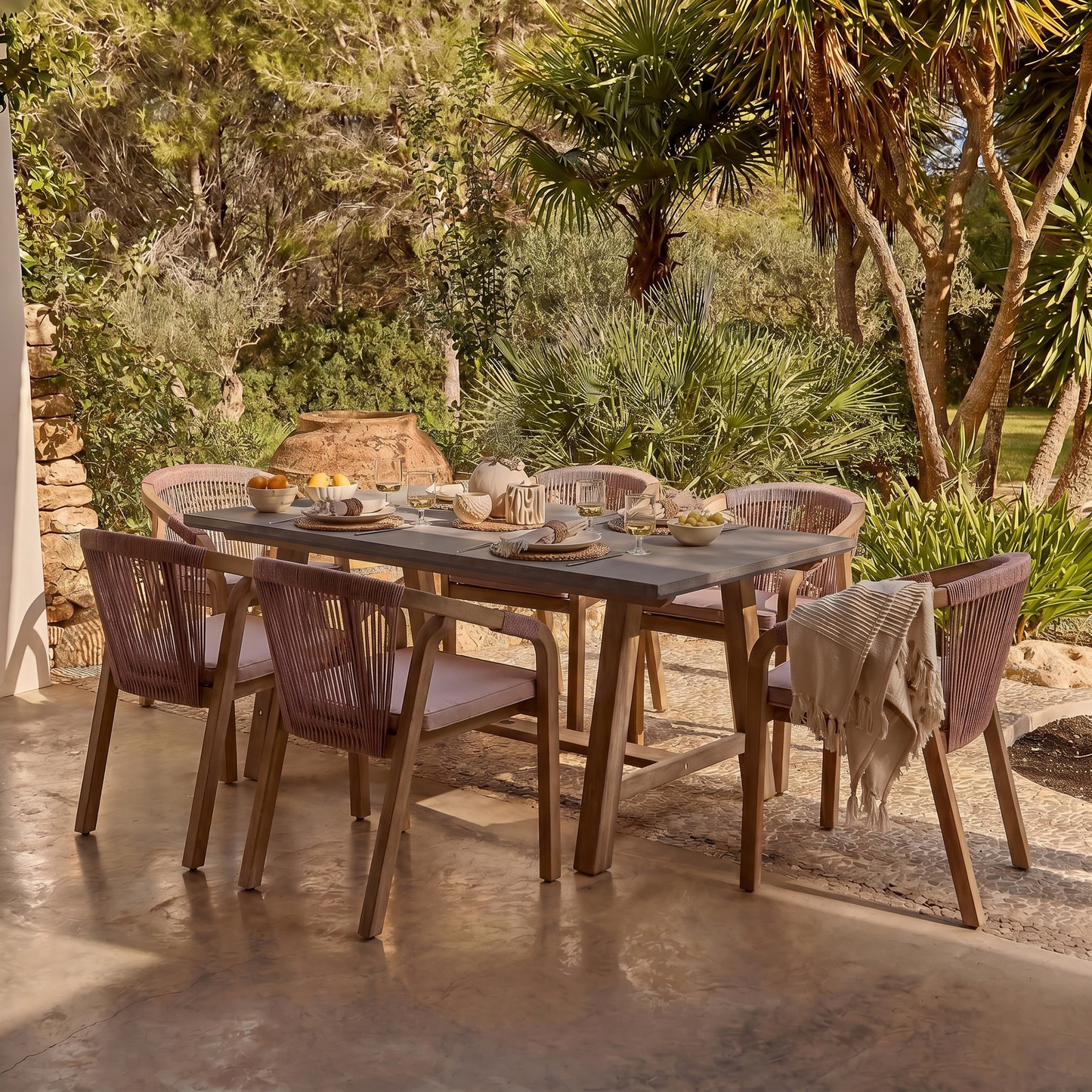 Shiro Dove Grey Concrete Dining Table Set - 6 Seater - Shiro Pink Rope Dining Chairs