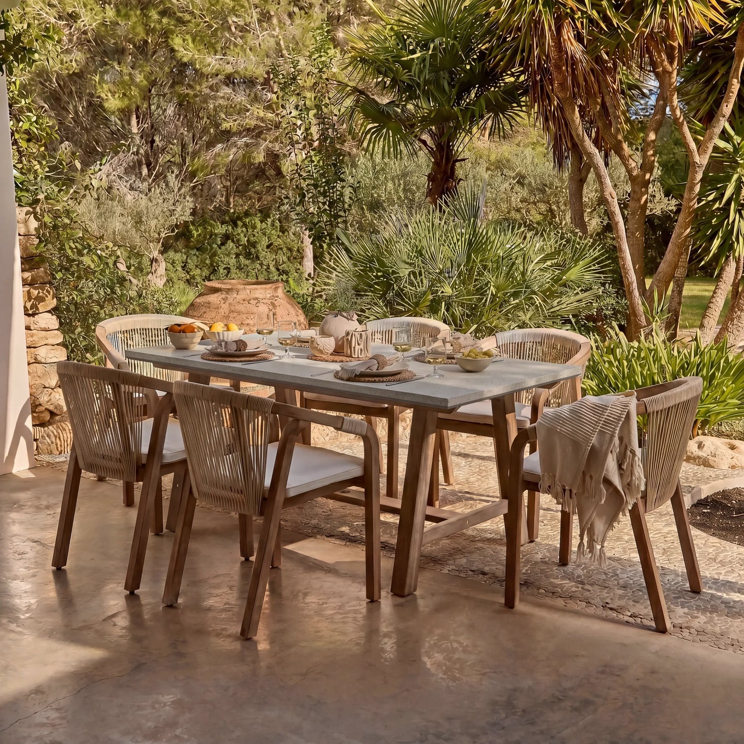 Shiro Pale Grey Concrete Dining Table Set - 6 Seater - Shiro Beige Rope Dining Chairs