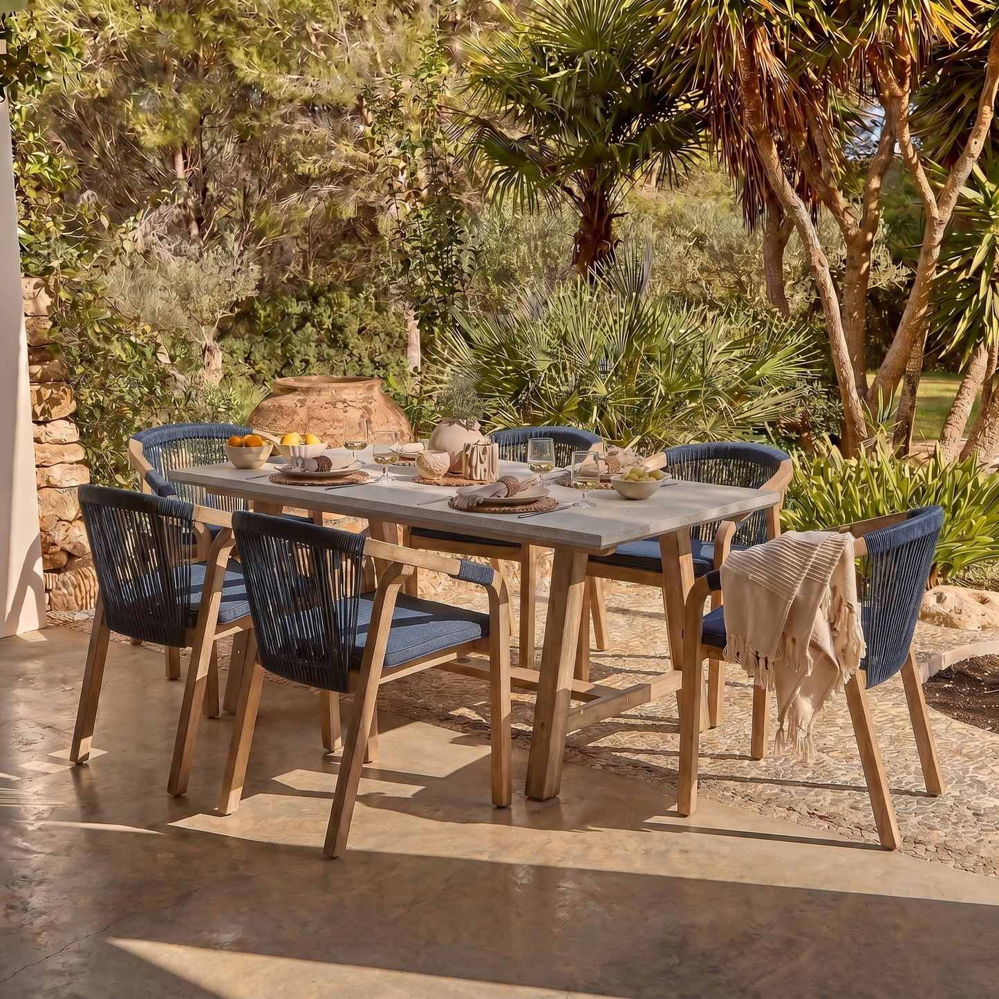 Shiro Pale Grey Concrete Dining Table Set - 6 Seater - Shiro Navy Rope Dining Chairs