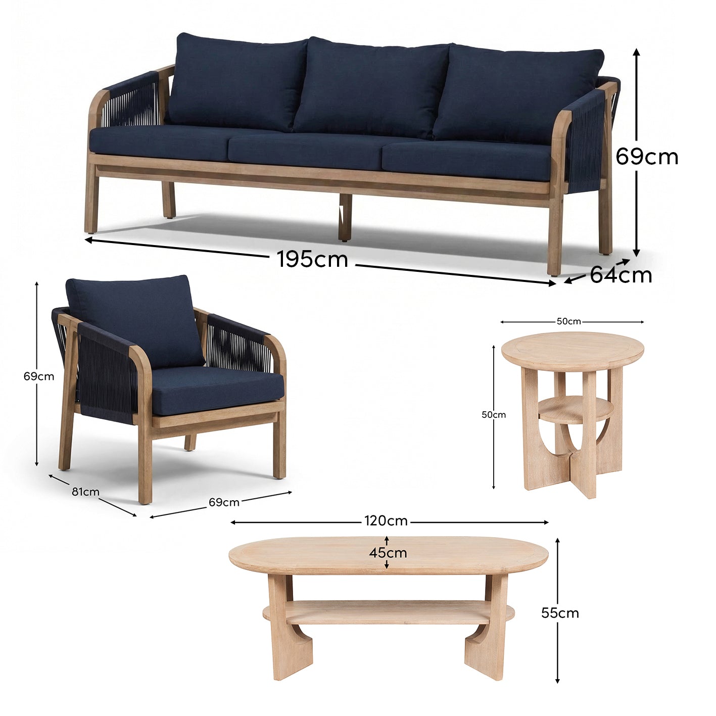 Shiro Wooden Garden Set with 3 Seater Sofa - 2 Shiro Armchairs with Delphi Oval Coffee Table and Side Table - Laura James