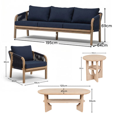 Shiro Wooden Garden Set with 3 Seater Sofa - 2 Shiro Armchairs with Delphi Oval Coffee Table and Side Table - Laura James