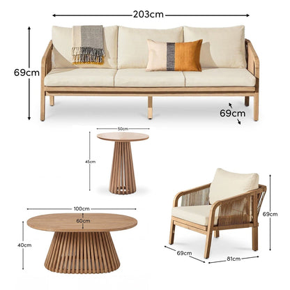 Shiro Wooden Garden Set with 3 Seater Sofa - 2 Shiro Sand Armchairs - Willow Coffee & Side Table - Laura James