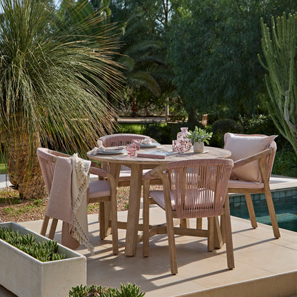 Shiro 4 Seater Round Wooden Garden Dining Set with Shiro Pink Rope Dining Chairs - 120cm - Laura James