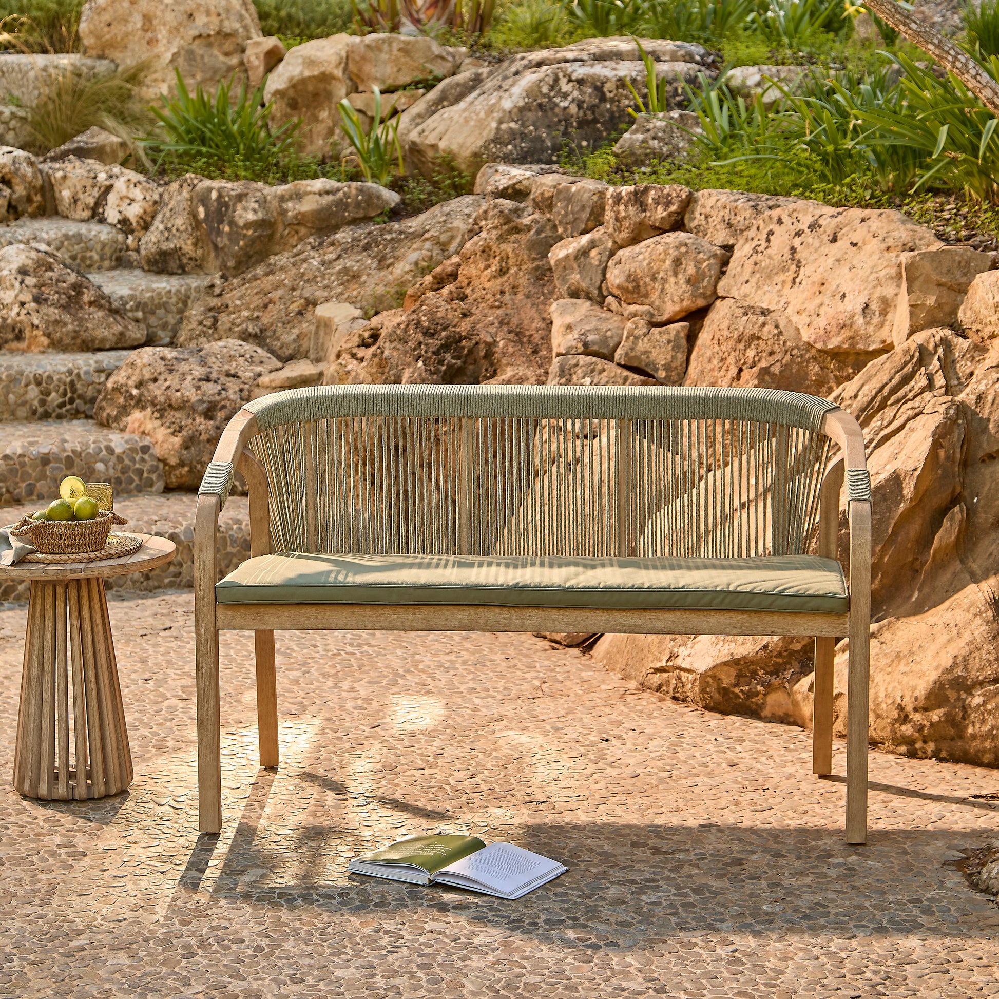 Shiro Wooden Garden Bench - Green Rope - Laura James