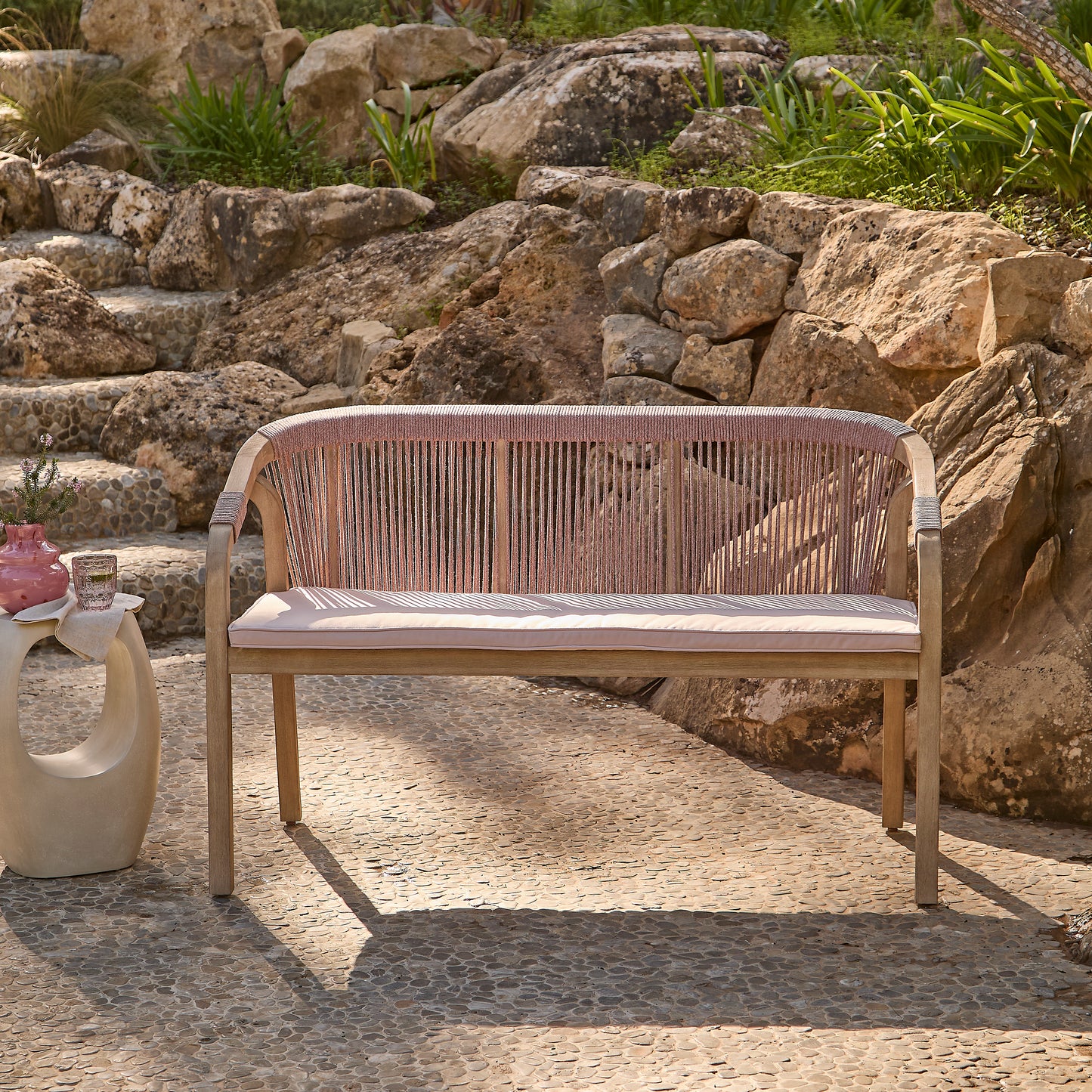 Shiro Wooden Garden Bench - Pink Rope - Laura James