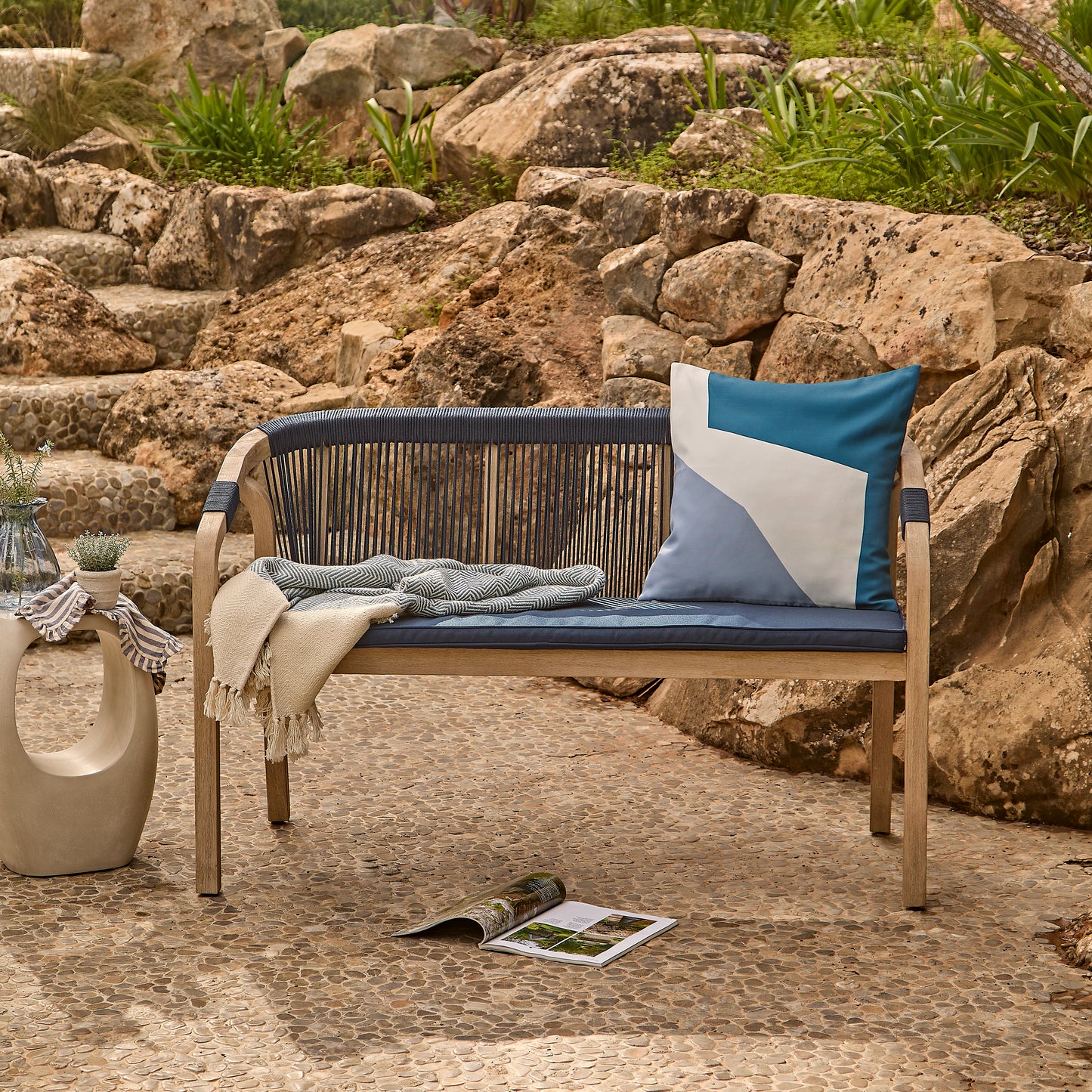 Shiro Wooden Garden Bench - Navy Rope - Laura James