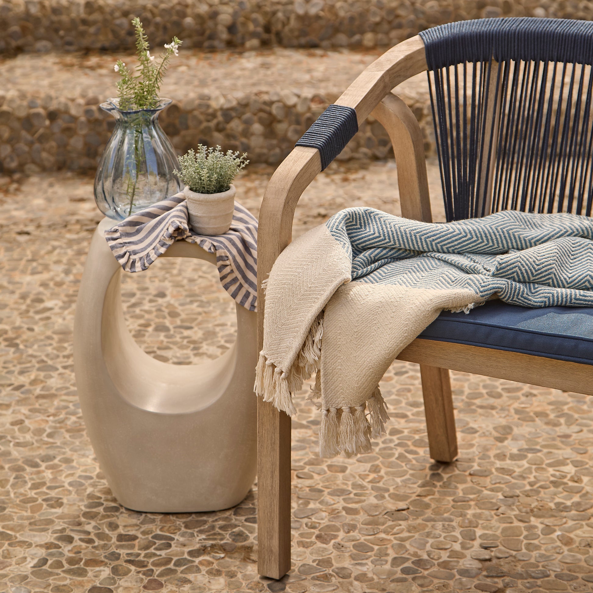 Shiro Wooden Garden Bench - Navy Rope - Laura James