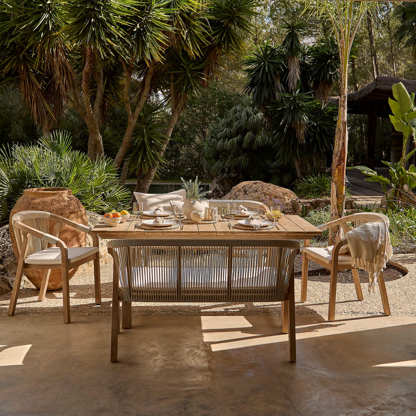 Shiro 6 Seater Wooden Garden Dining Set with 2 Shiro Benches & 2 Shiro Chairs - Beige Rope - Laura James