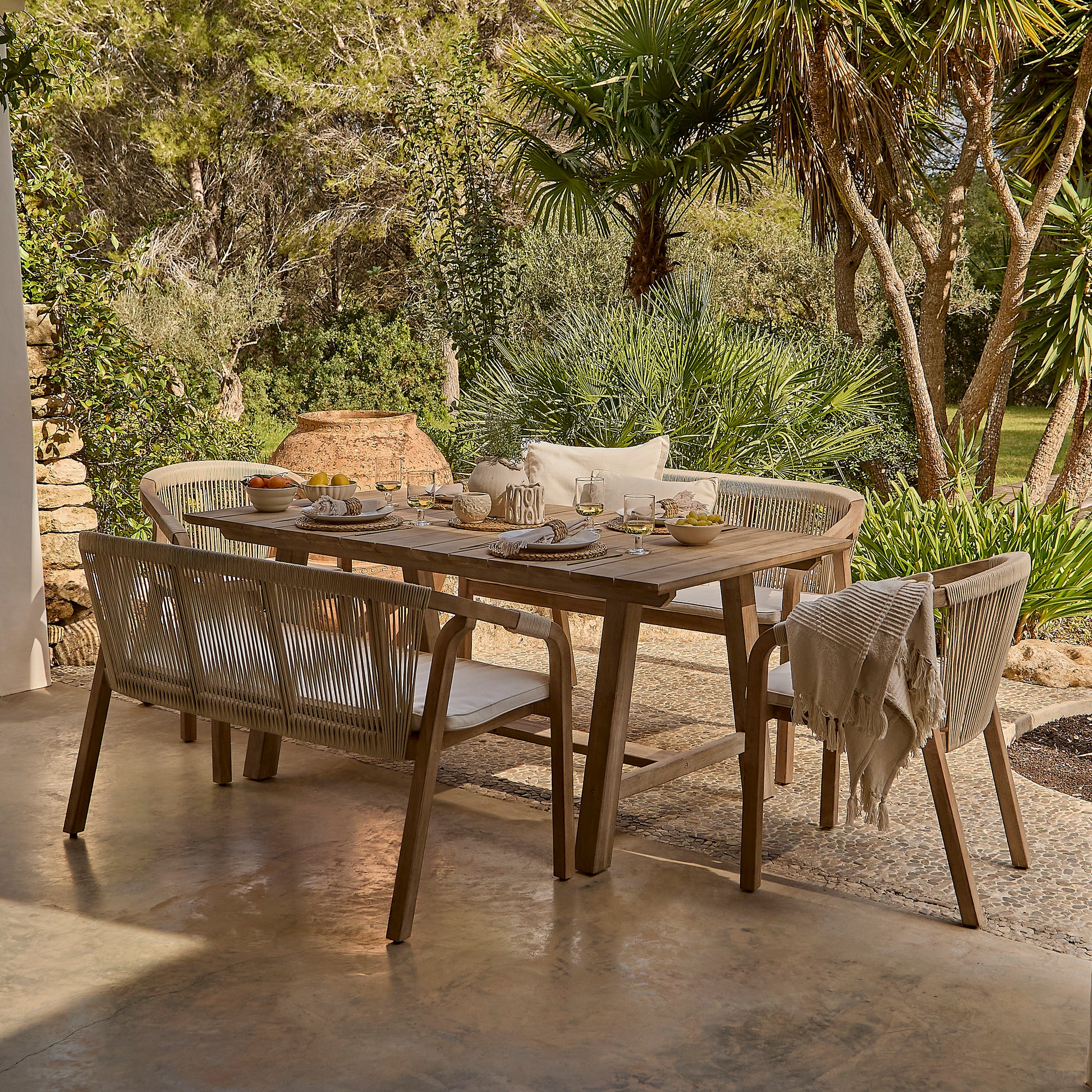 Shiro 6 Seater Wooden Garden Dining Set with 2 Shiro Benches & 2 Shiro Chairs - Beige Rope - Laura James