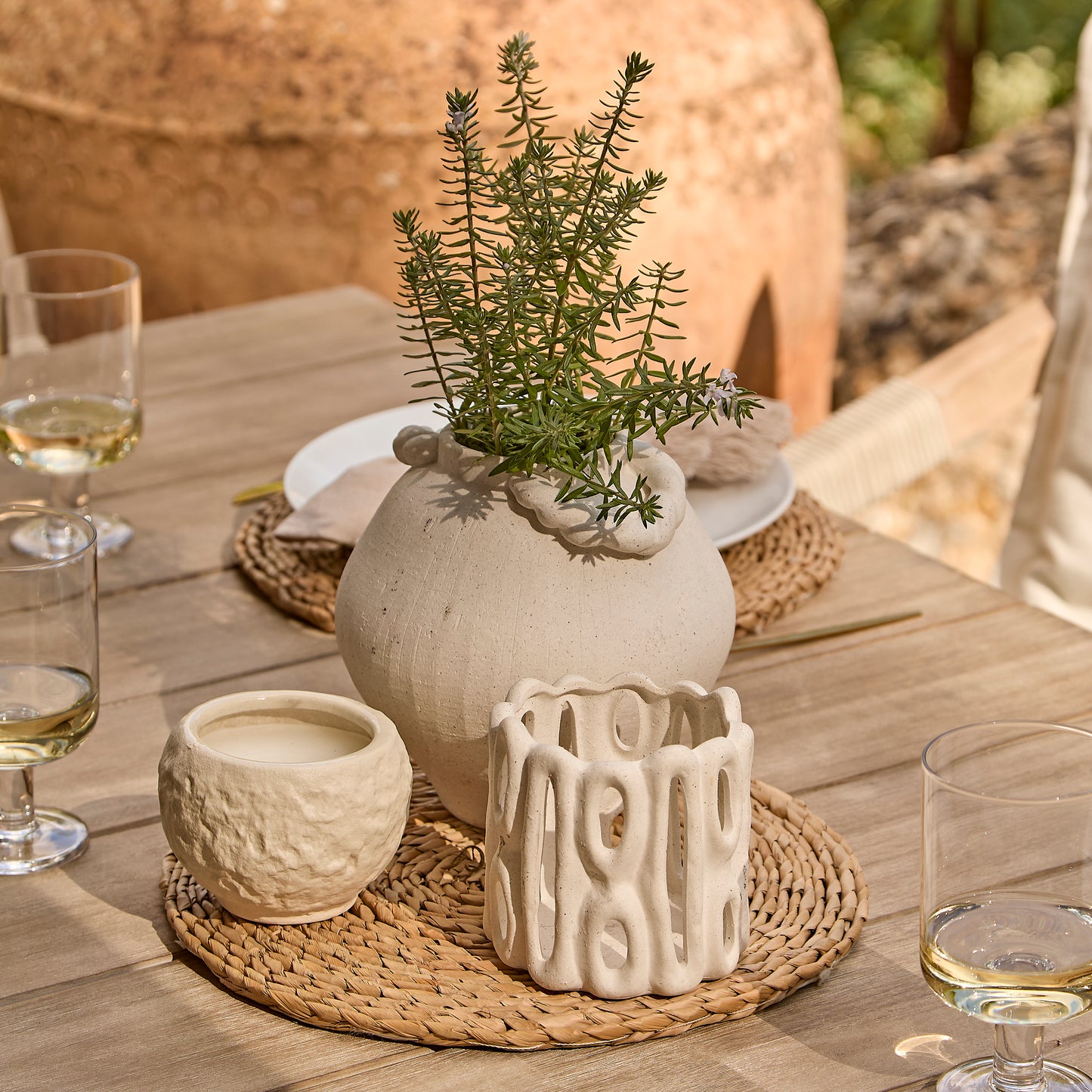 Shiro 6 Seater Wooden Garden Dining Set with 2 Shiro Benches & 2 Shiro Chairs - Beige Rope - Laura James