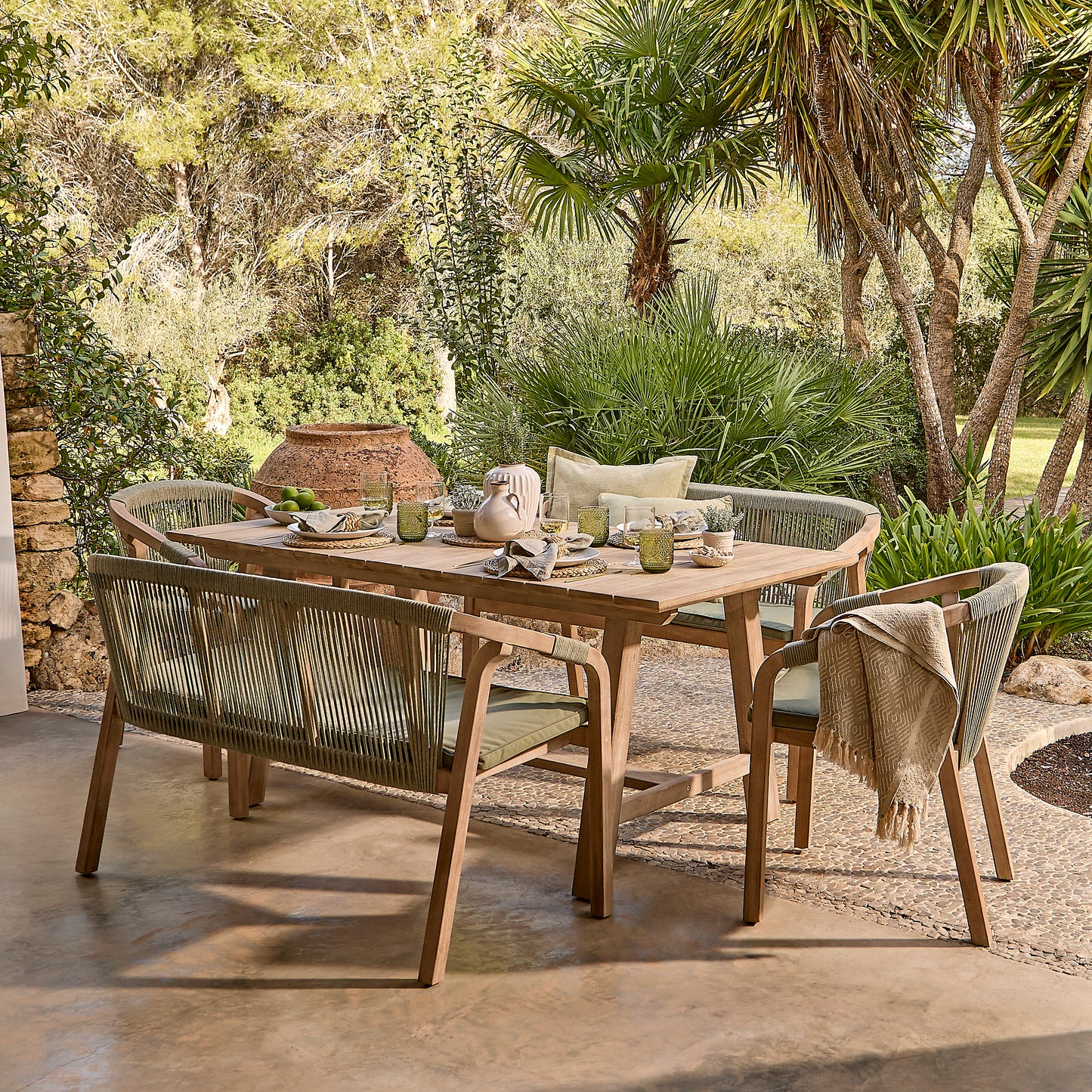 Shiro 6 Seater Wooden Garden Dining Set with 2 Shiro Benches & 2 Shiro Chairs - Green Rope - Laura James