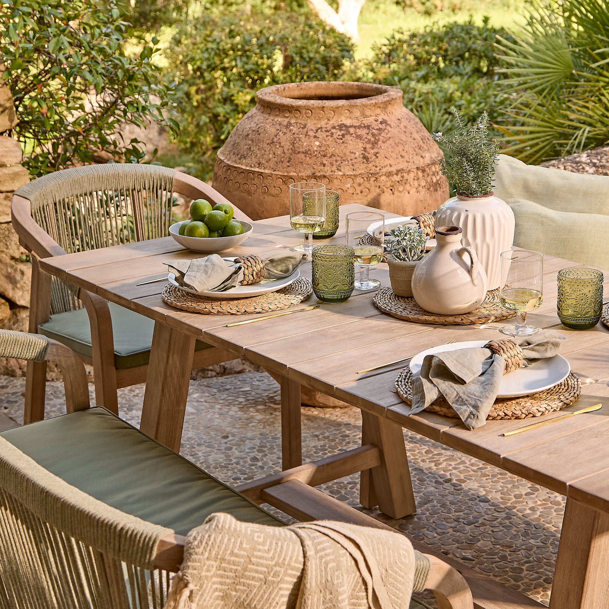 Shiro 6 Seater Wooden Garden Dining Set with 2 Shiro Benches & 2 Shiro Chairs - Green Rope - Laura James