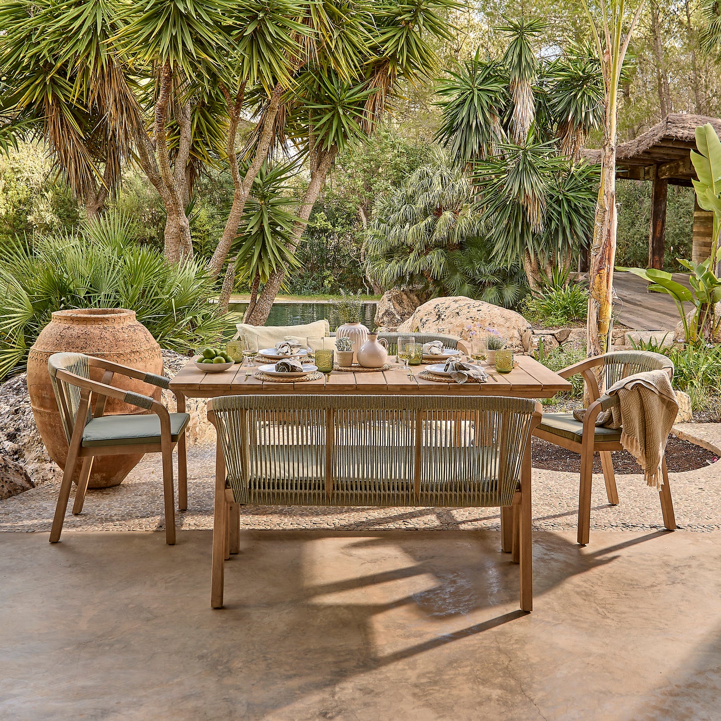 Shiro 6 Seater Wooden Garden Dining Set with 2 Shiro Benches & 2 Shiro Chairs - Green Rope - Laura James