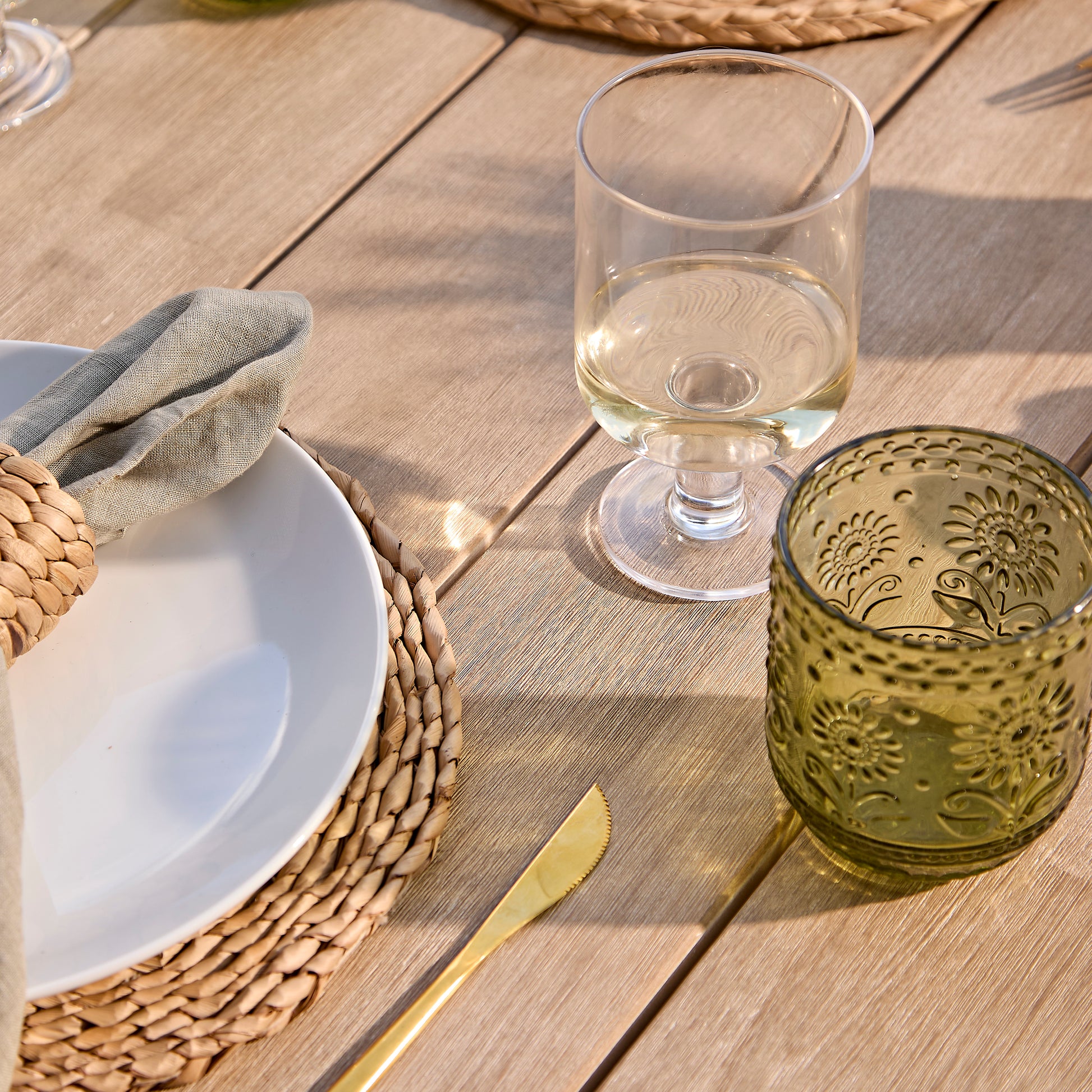 Shiro 6 Seater Wooden Garden Dining Set with 2 Shiro Benches & 2 Shiro Chairs - Green Rope - Laura James