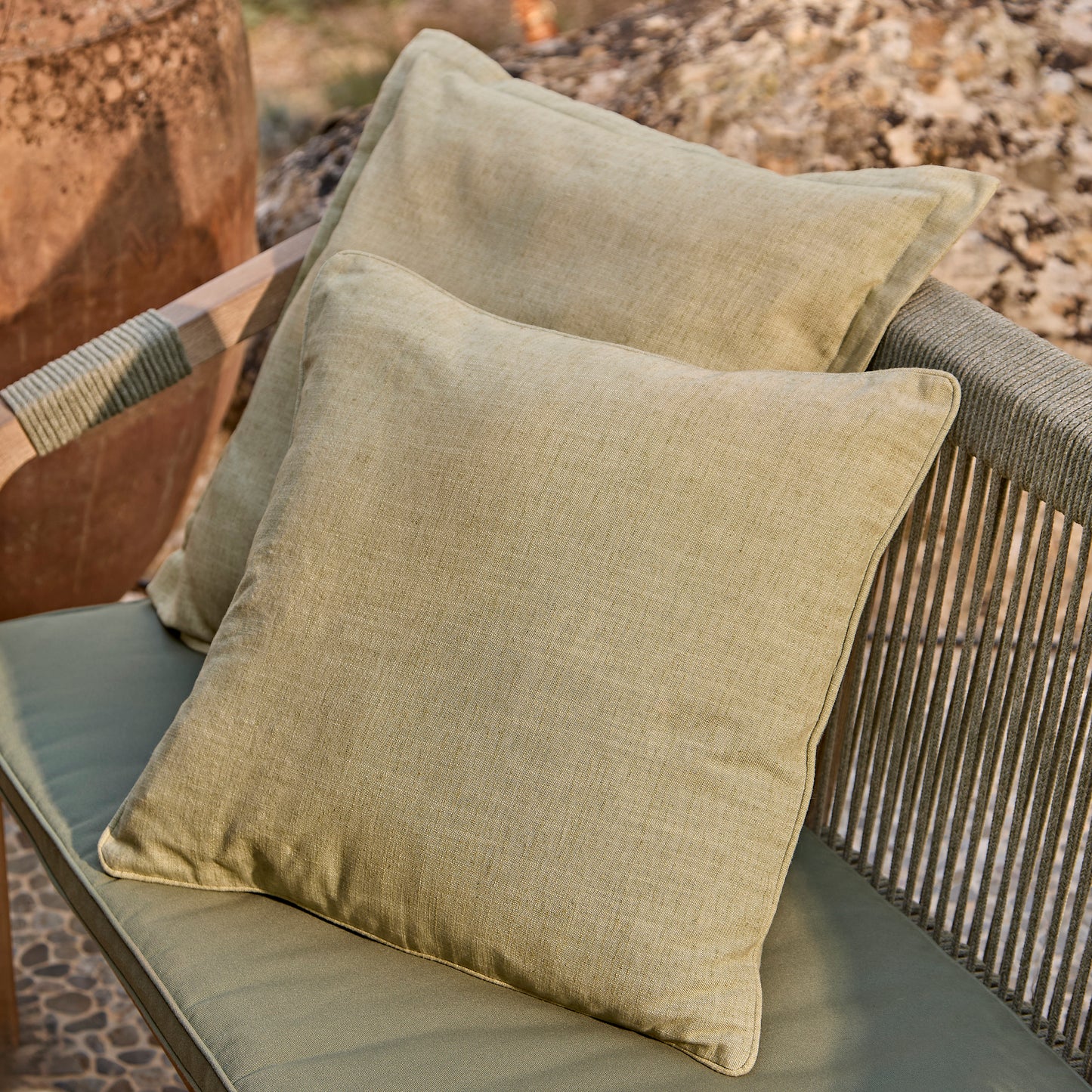 Shiro 6 Seater Wooden Garden Dining Set with 2 Shiro Benches & 2 Shiro Chairs - Green Rope - Laura James