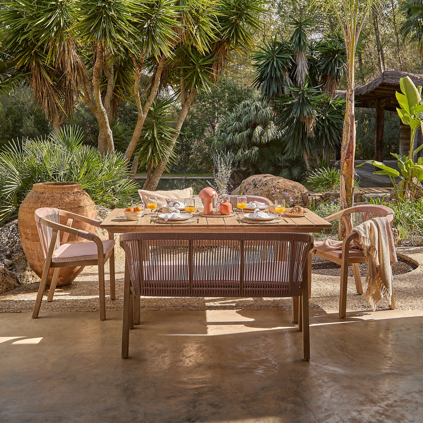 Shiro 6 Seater Wooden Garden Dining Set with 2 Shiro Benches & 2 Shiro Chairs - Pink Rope - Laura James