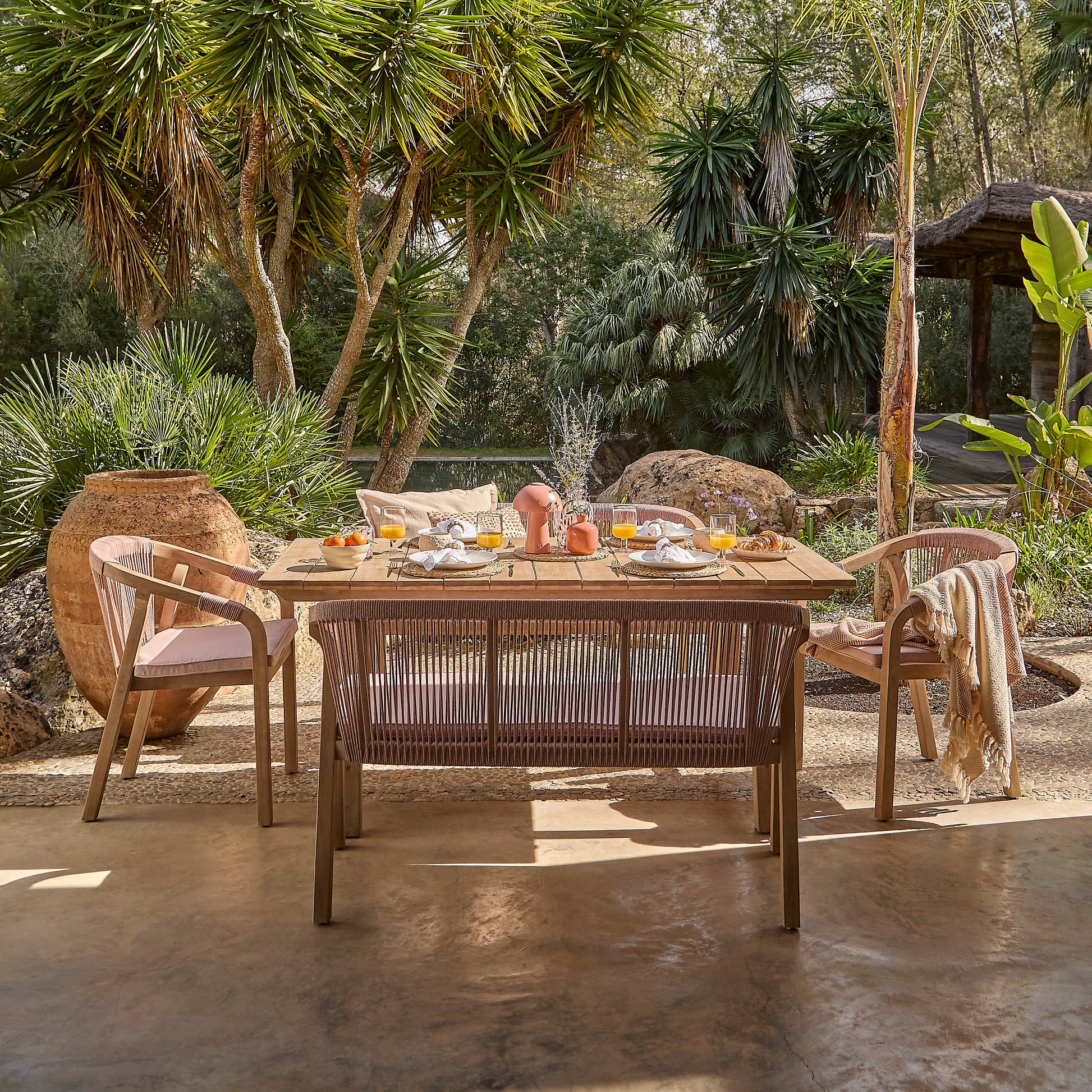 Shiro 6 Seater Wooden Garden Dining Set with 2 Shiro Benches & 2 Shiro Chairs - Pink Rope - Laura James