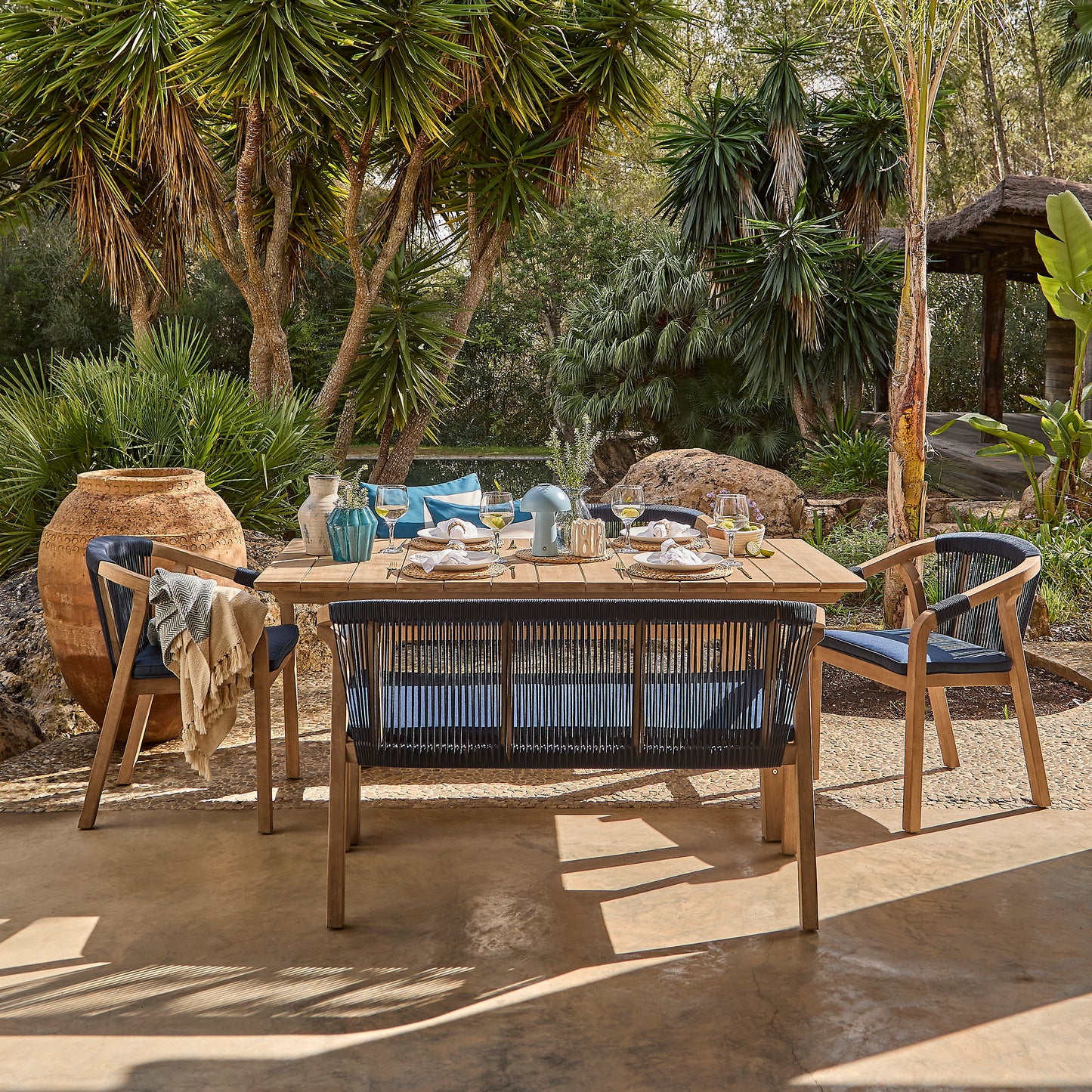 Shiro 6 Seater Wooden Garden Dining Set with 2 Shiro Benches & 2 Shiro Chairs - Navy Rope - Laura James